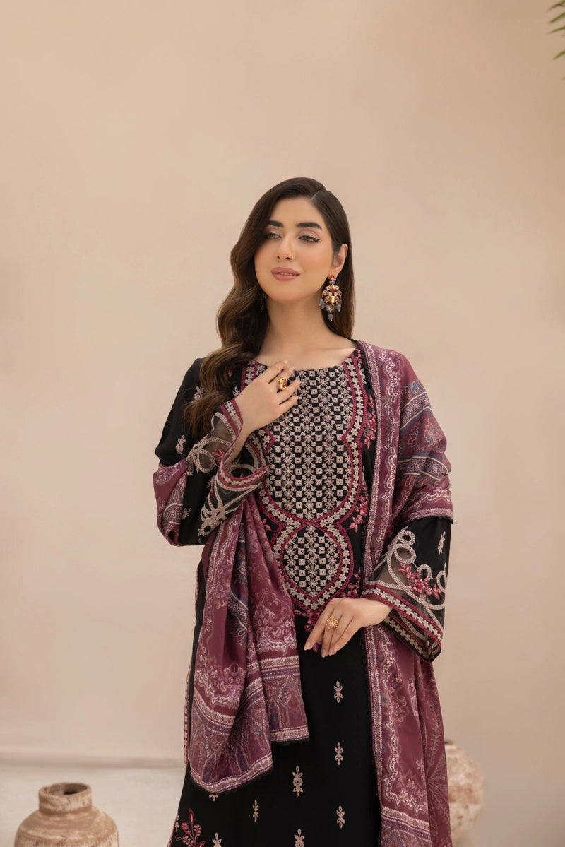 Rozana Dhanak Winter Collection Midnight Rose 3 Piece Embroidered Suit