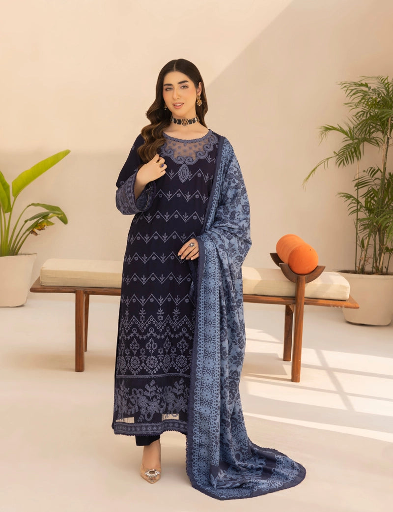 Woman wearing a blue embroidered dress in a minimalistic room with plants.
