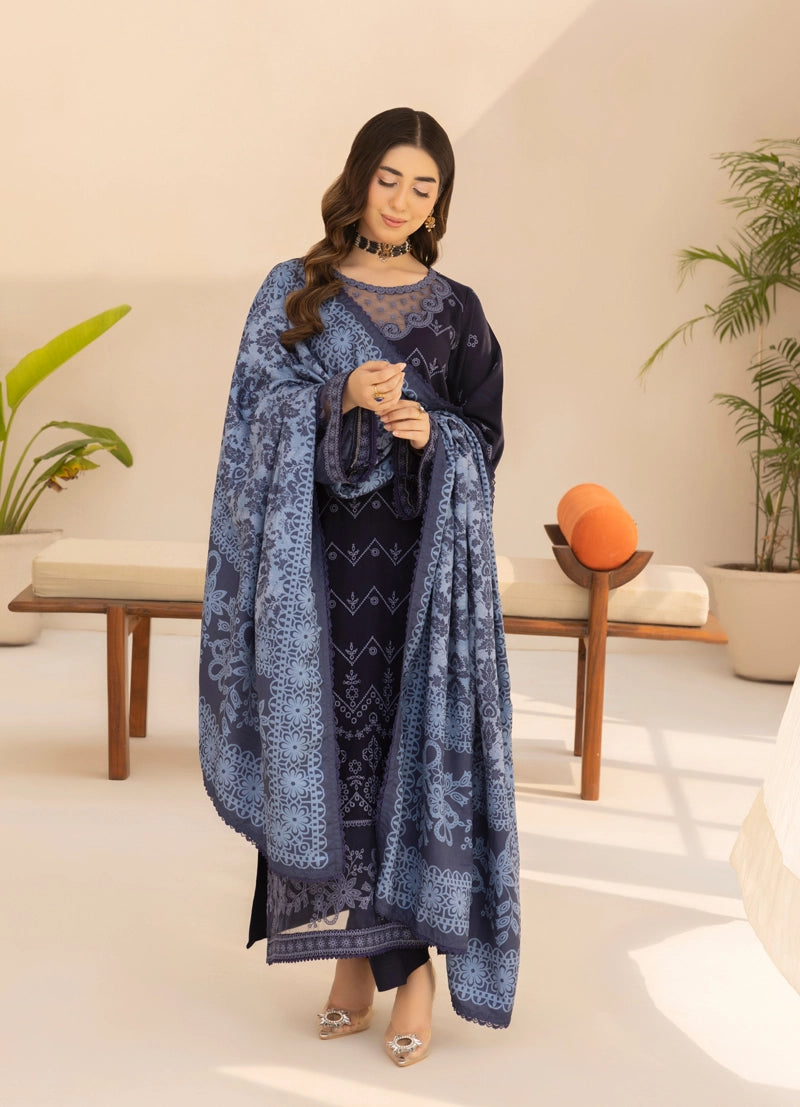 Rozana Dhanak Winter Collection Midnight Elegance 3 Piece Embroidered Suit