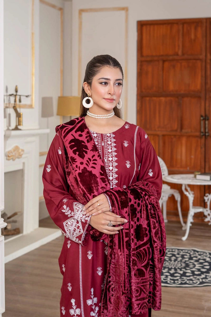 Malaika Winter Linen Collection Maroon 3 Piece Suit With Palachi Shawl