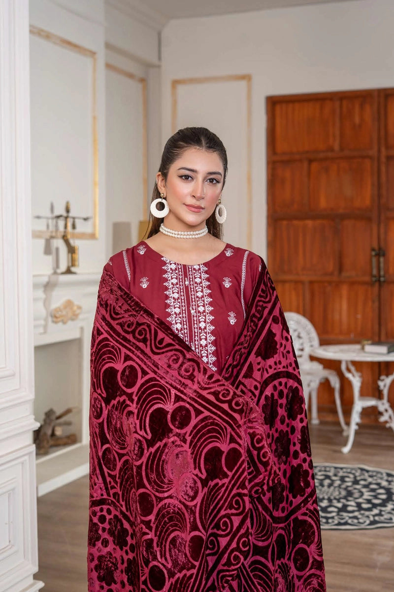 Malaika Winter Linen Collection Maroon 3 Piece Suit With Palachi Shawl