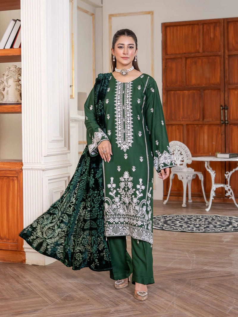 Malaika Winter Linen Collection Green 3 Piece Suit With Palachi Shawl
