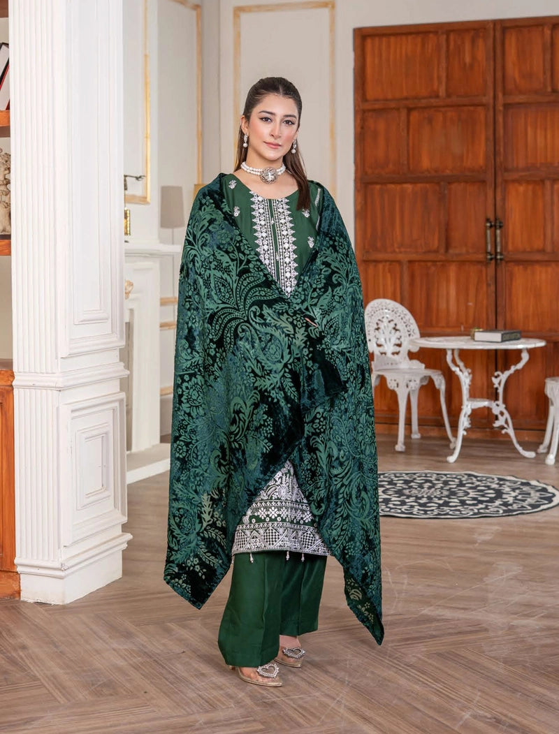 Malaika Winter Linen Collection Green 3 Piece Suit With Palachi Shawl