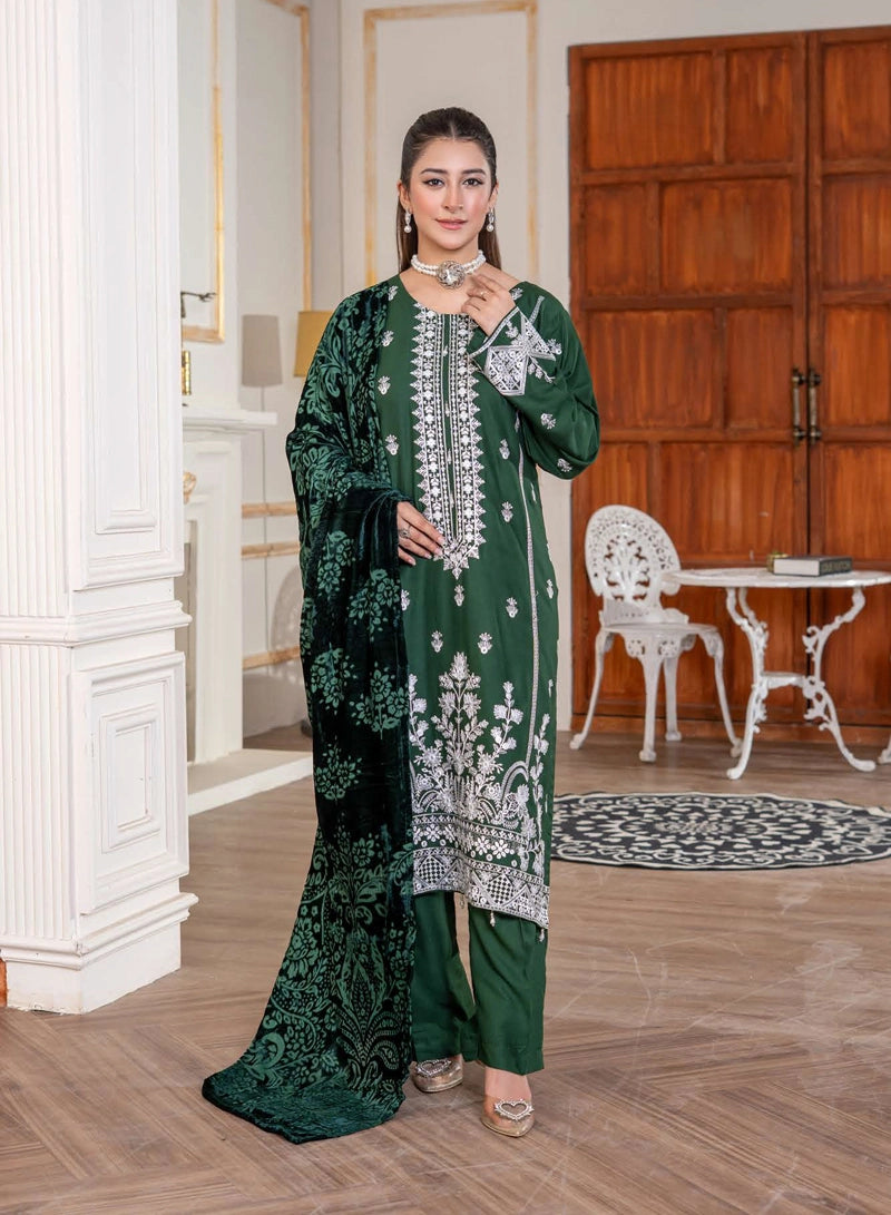 Malaika Winter Linen Collection Green 3 Piece Suit With Palachi Shawl