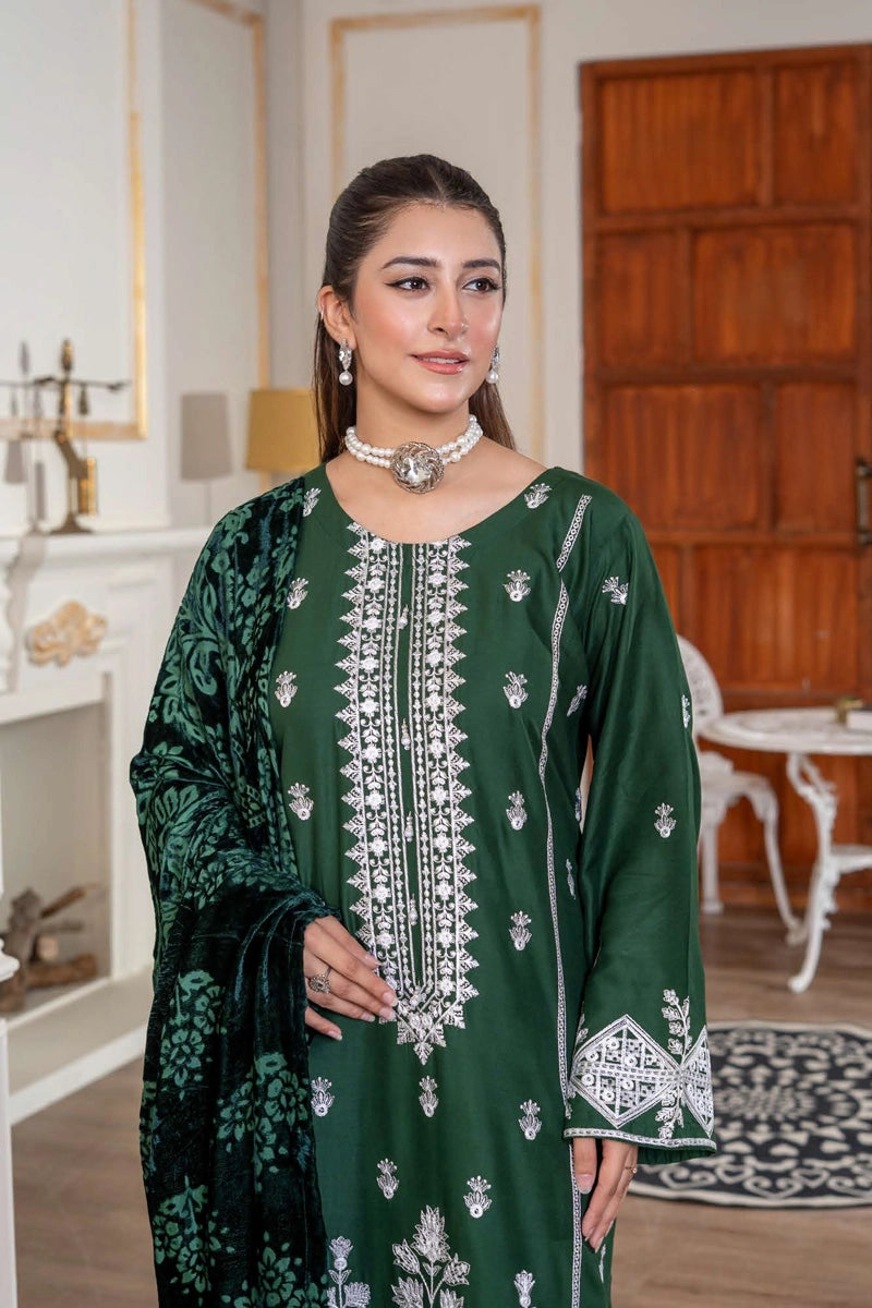 Malaika Winter Linen Collection Green 3 Piece Suit With Palachi Shawl