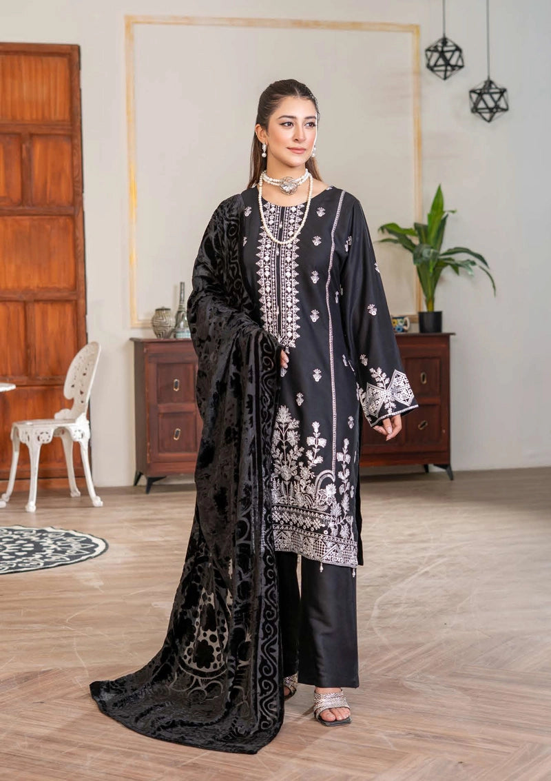 Malaika Winter Linen Collection Black 3 Piece Suit With Palachi Shawl