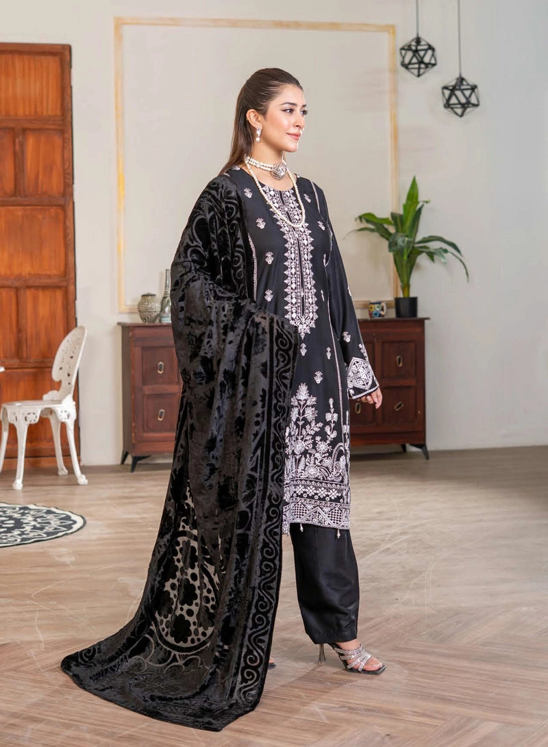 Malaika Winter Linen Collection Black 3 Piece Suit With Palachi Shawl