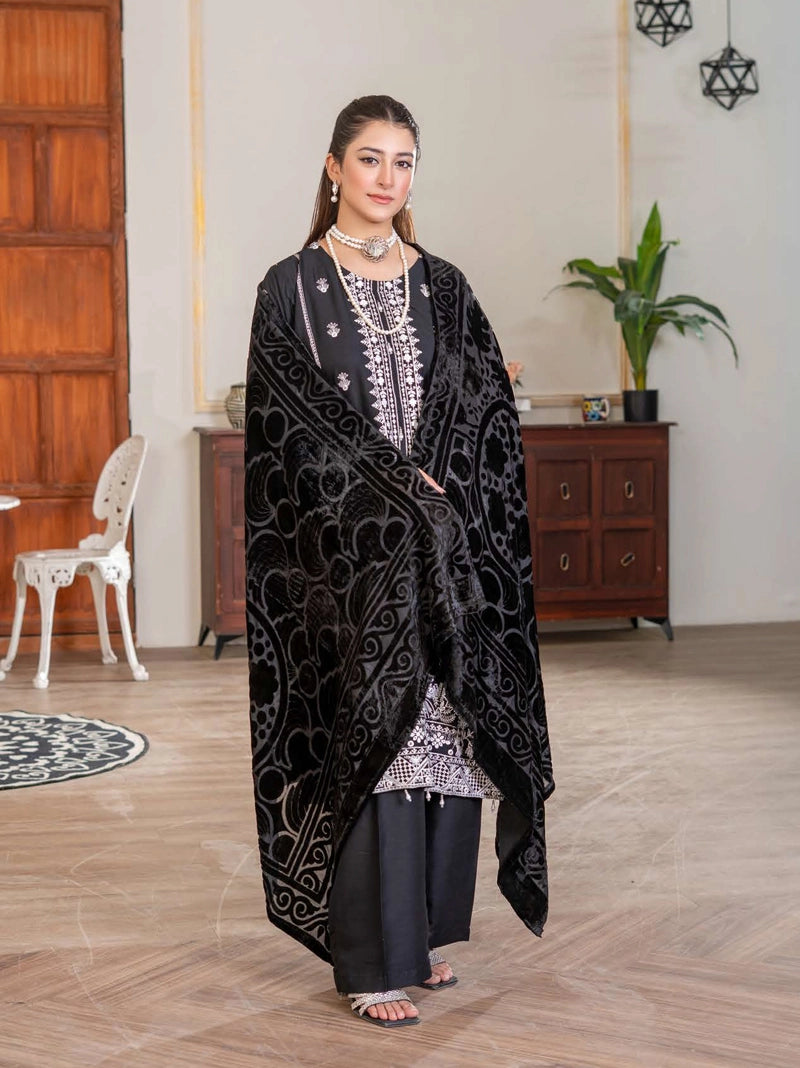 Malaika Winter Linen Collection Black 3 Piece Suit With Palachi Shawl