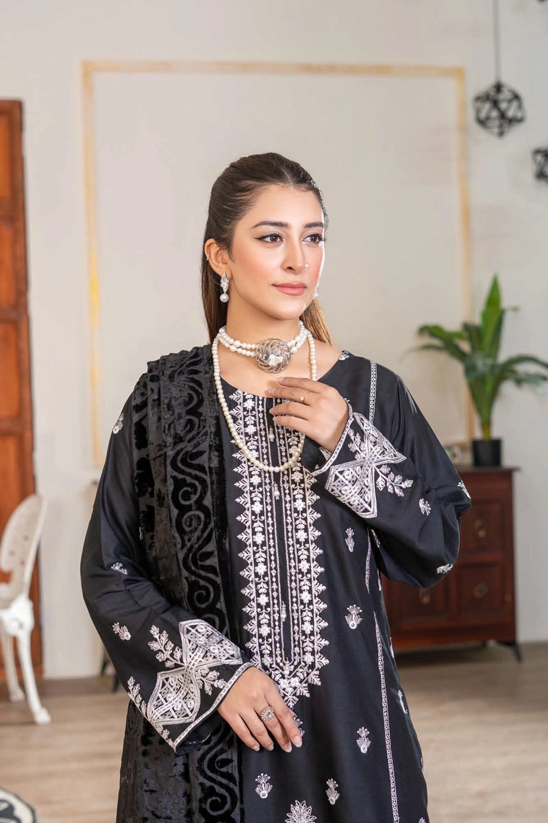 Malaika Winter Linen Collection Black 3 Piece Suit With Palachi Shawl