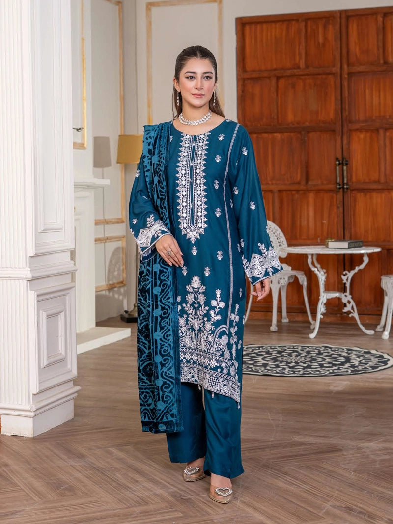 Malaika Winter Linen Collection Teal Blue 3 Piece Suit With Palachi Shawl