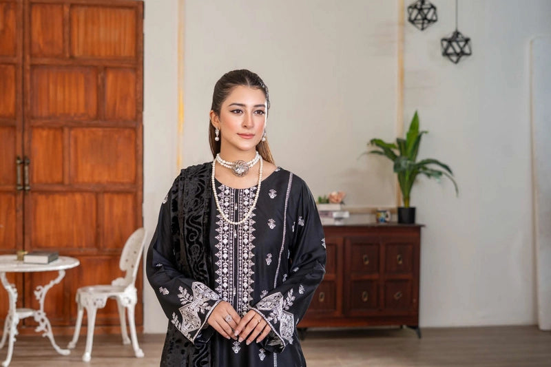 Malaika Winter Linen Collection Black 3 Piece Suit With Palachi Shawl
