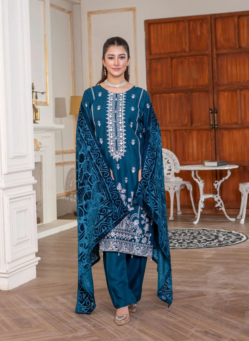 Malaika Winter Linen Collection Teal Blue 3 Piece Suit With Palachi Shawl