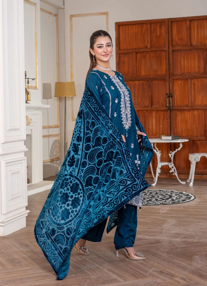 Malaika Winter Linen Collection Teal Blue 3 Piece Suit With Palachi Shawl