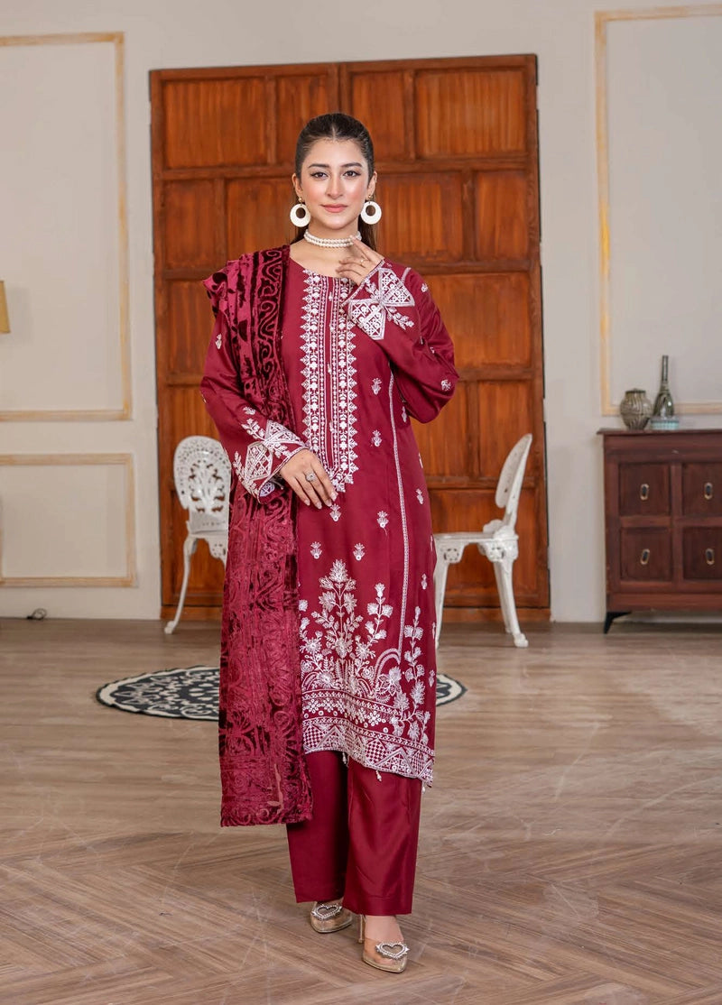Malaika Winter Linen Collection Maroon 3 Piece Suit With Palachi Shawl