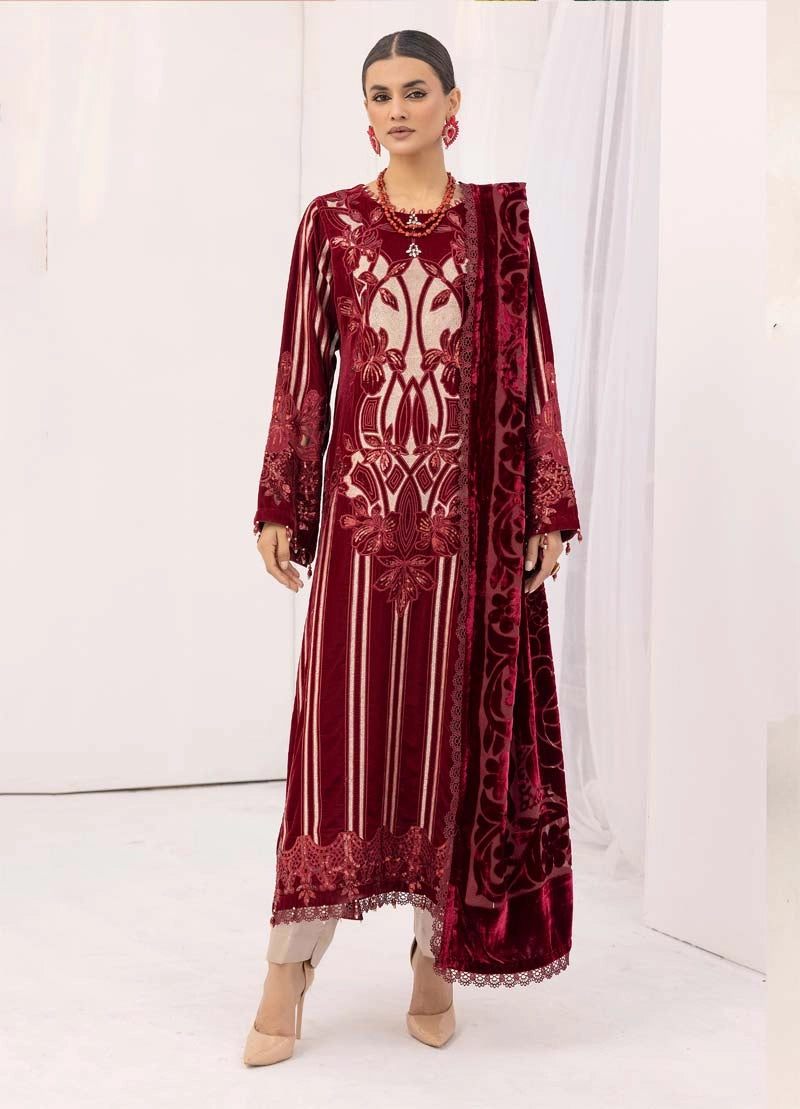 Maria B Inspired Mbroidered Velvet 3 Piece Wedding Outfit Maroon - Desi Posh