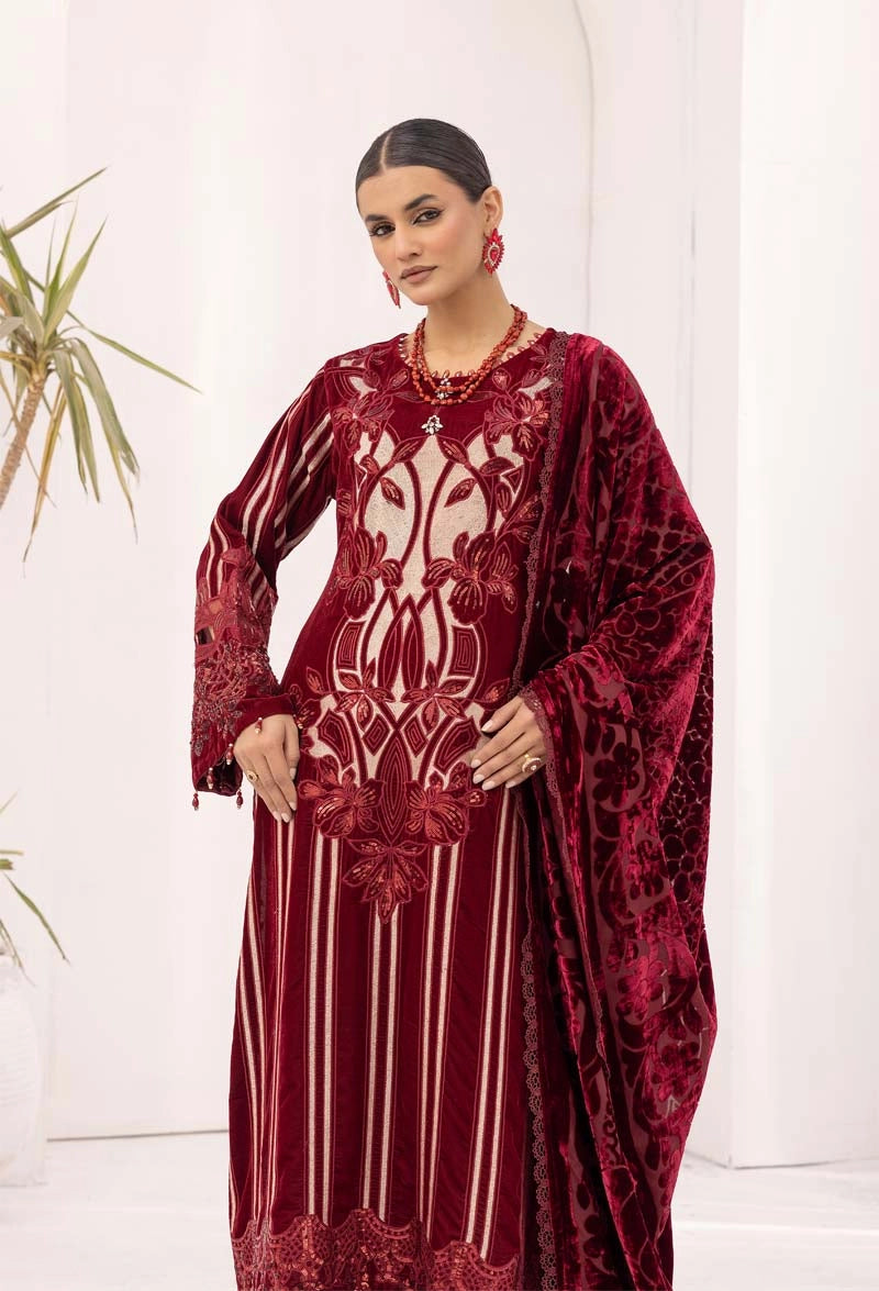 Maria B Inspired Mbroidered Velvet 3 Piece Wedding Outfit Maroon - Desi Posh