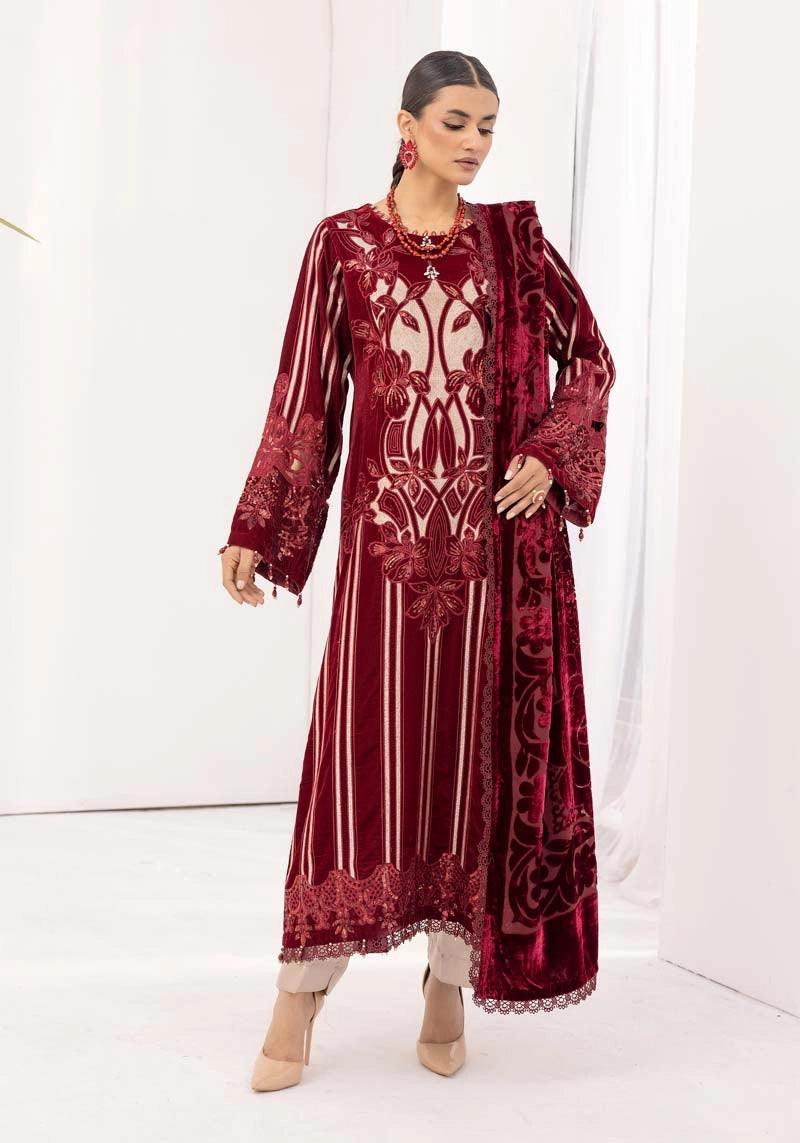 Maria B Inspired Mbroidered Velvet 3 Piece Wedding Outfit Maroon - Desi Posh