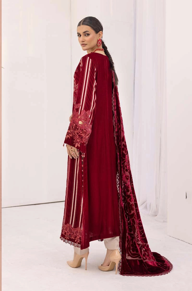 Maria B Inspired Mbroidered Velvet 3 Piece Wedding Outfit Maroon - Desi Posh