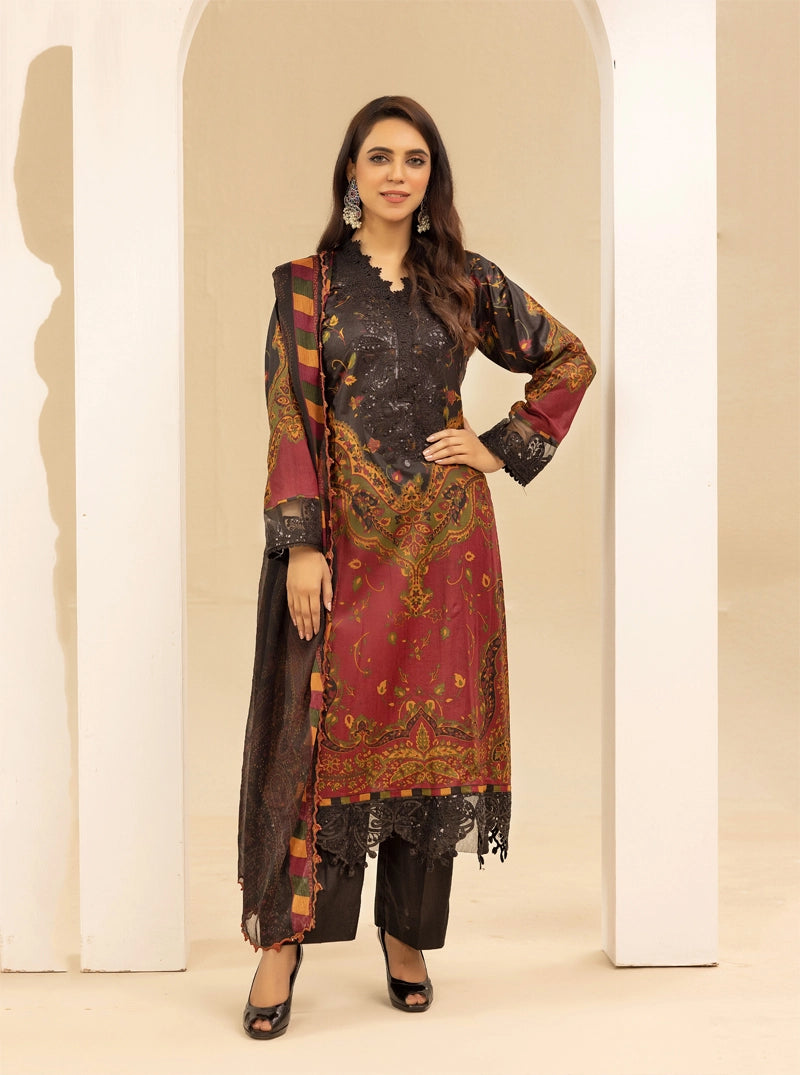 Maria B Inspired M.Prints 3 Piece Linen Outfit Black - Desi Posh