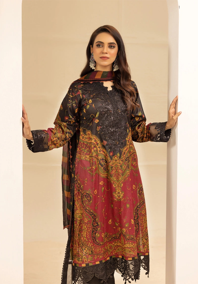 Maria B Inspired M.Prints 3 Piece Linen Outfit Black - Desi Posh