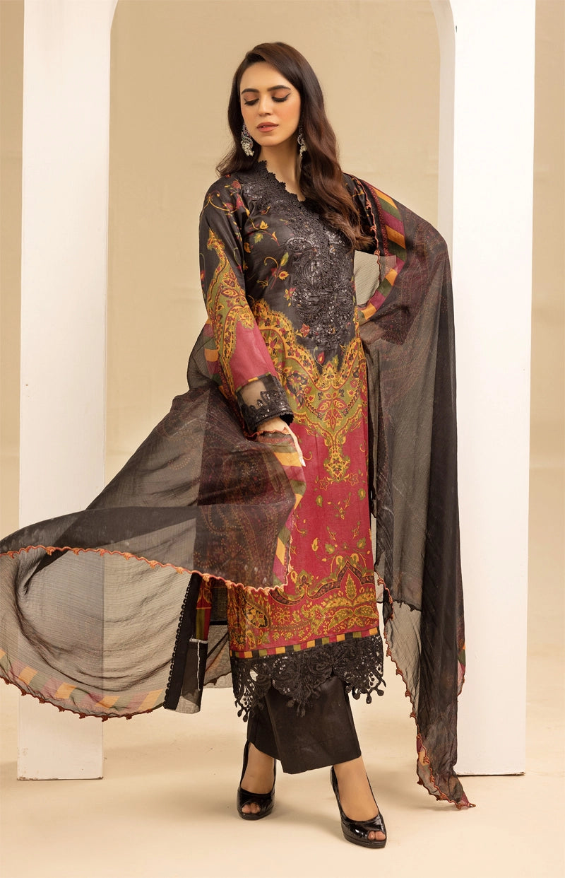 Maria B Inspired M.Prints 3 Piece Linen Outfit Black - Desi Posh