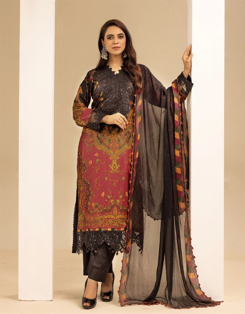 Maria B Inspired M.Prints 3 Piece Linen Outfit Black - Desi Posh