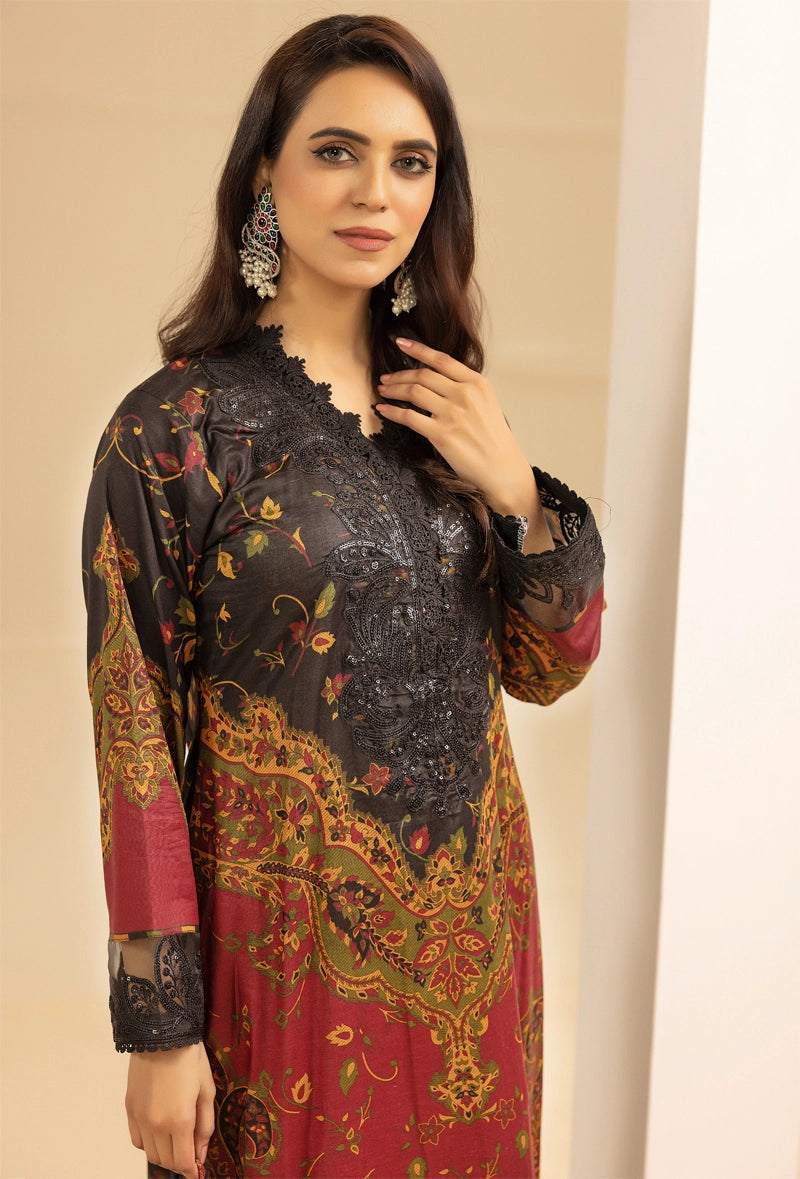 Maria B Inspired M.Prints 3 Piece Linen Outfit Black - Desi Posh