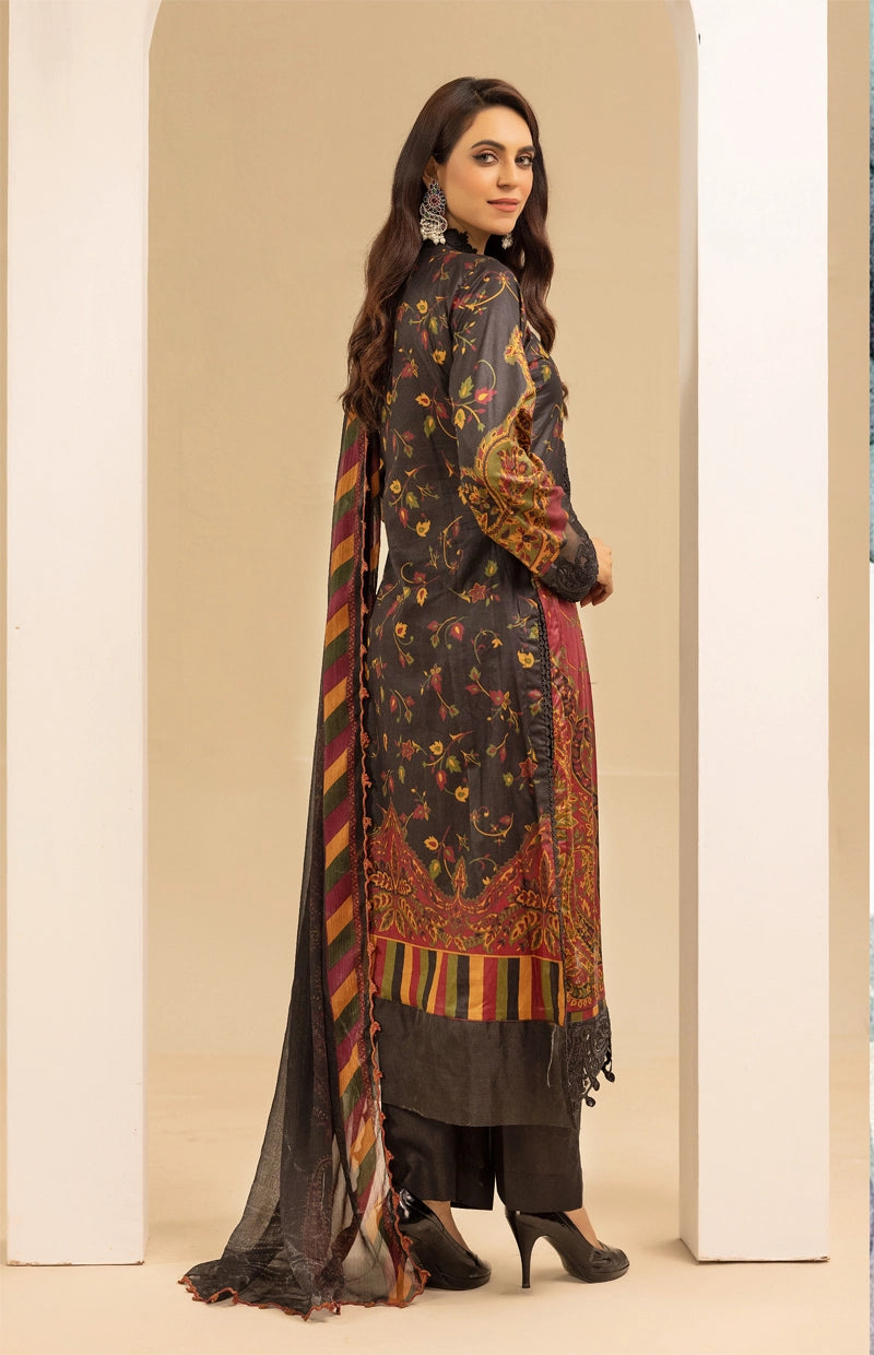 Maria B Inspired M.Prints 3 Piece Linen Outfit Black - Desi Posh