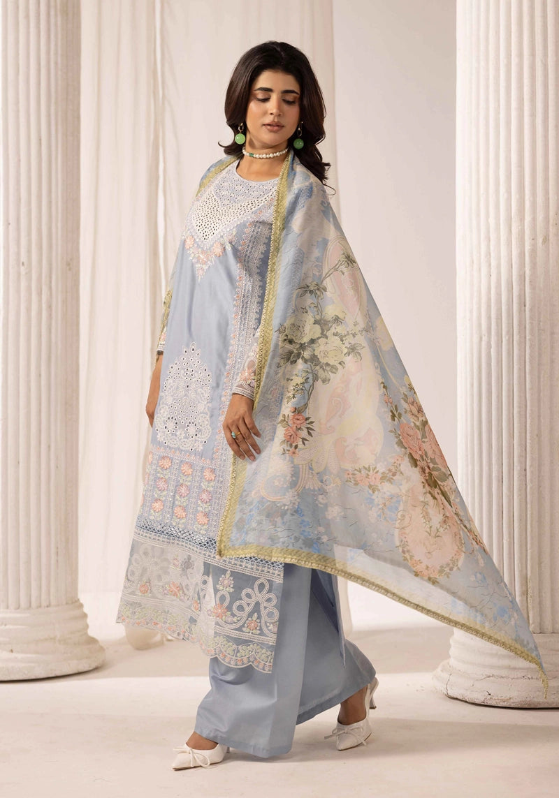 Maria B Inspired Blue Chikan Kari Eid Outfit for Women.– Desi Posh