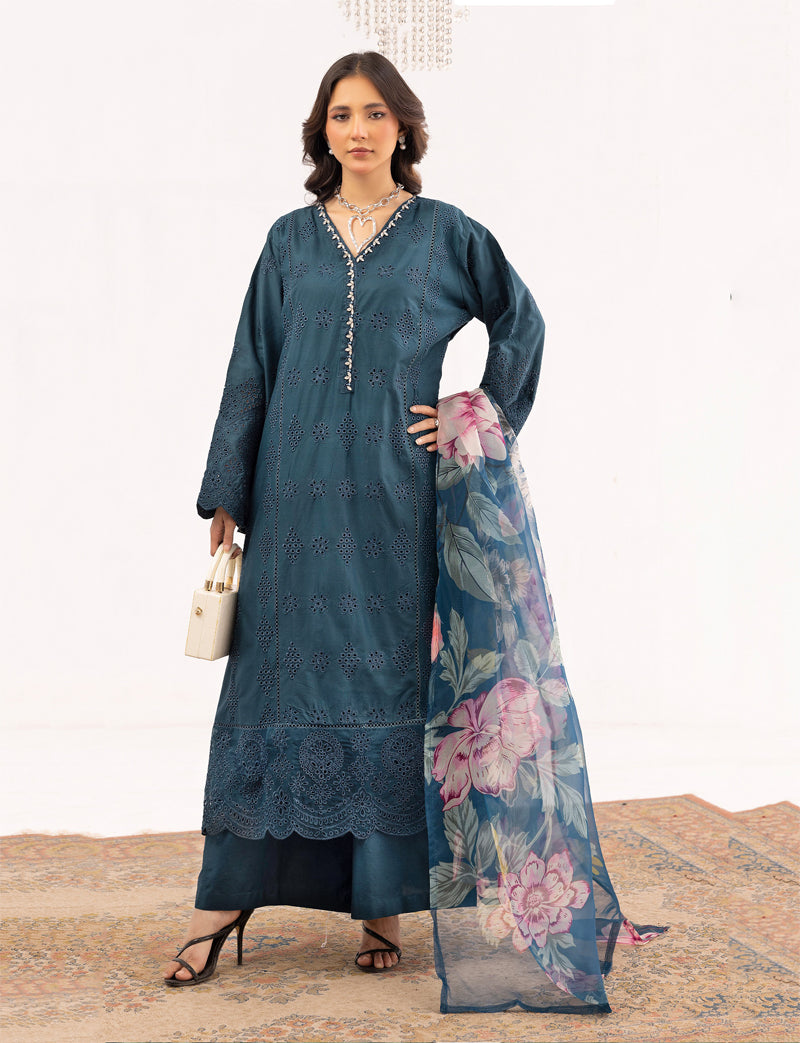 Sana Safinaz Inspired Ladies Teal Chikan Kari Eid Outfit