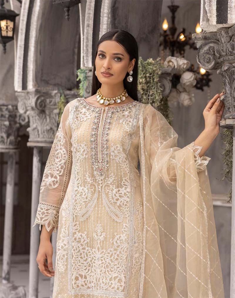 Maryum n Maria Inspired Ladies Designer Organza Party Outfit Beige