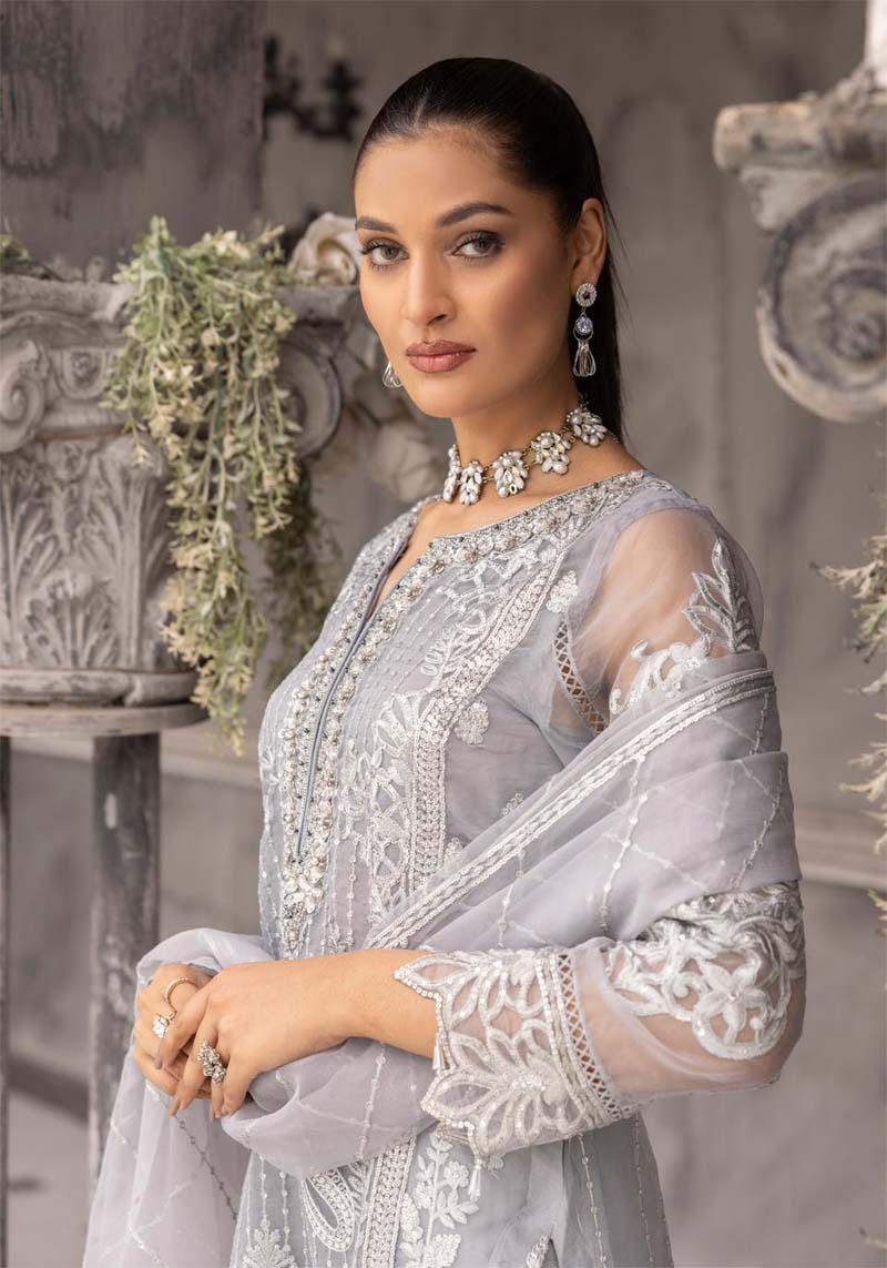 Maryum n Maria Inspired Ladies Designer Organza Party Outfit Grey - Desi Posh