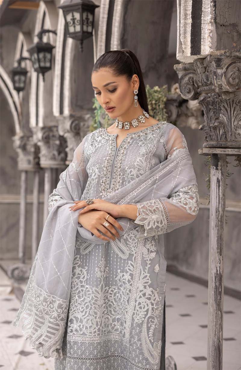 Maryum n Maria Inspired Ladies Designer Organza Party Outfit Grey - Desi Posh