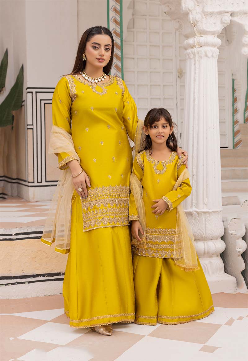 Mayoo Mother & Daughter Olive Green Ladies Wedding Sharara Oufit - Desi Posh