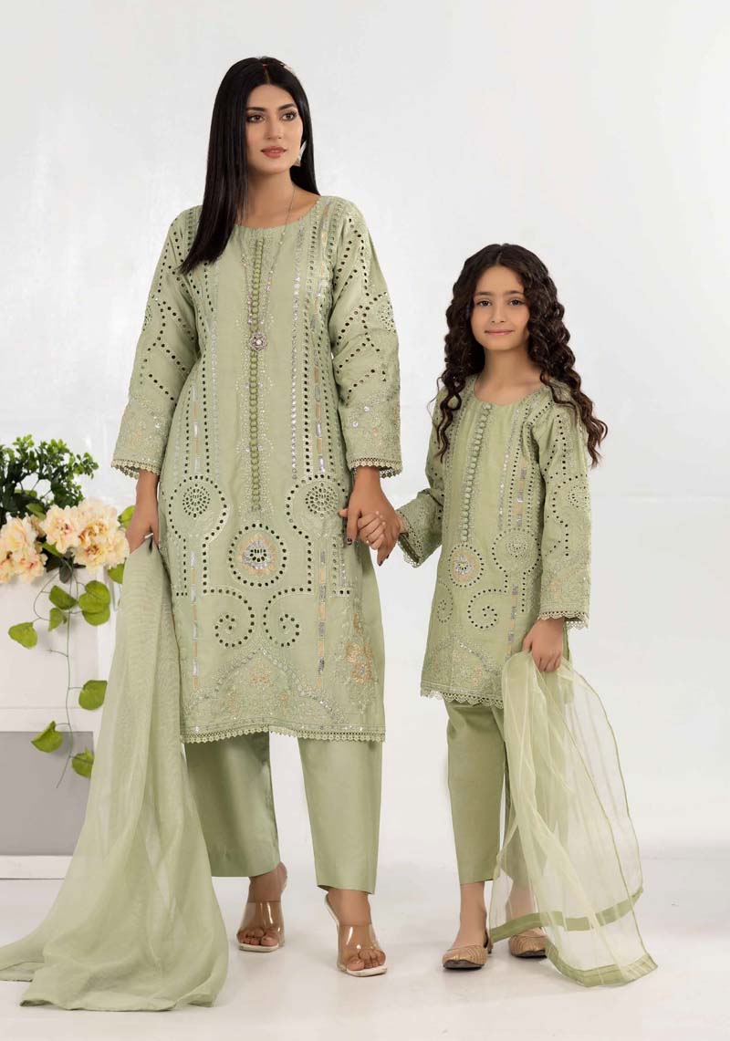 Desi Posh Ladies Pastel Green Chikan Kari Mummy & Me Eid Outfit - Desi Posh