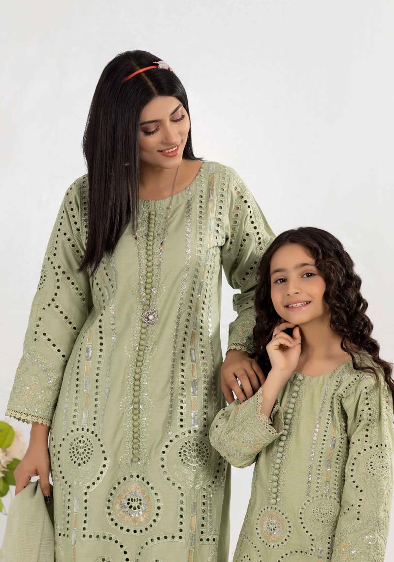 Desi Posh Ladies Pastel Green Chikan Kari Mummy & Me Eid Outfit - Desi Posh