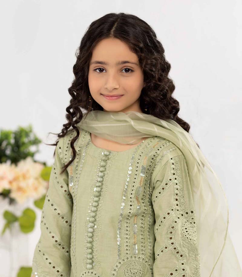 Desi Posh Girls Pastel Green Chikan Kari Mummy & Me Eid Outfit - Desi Posh