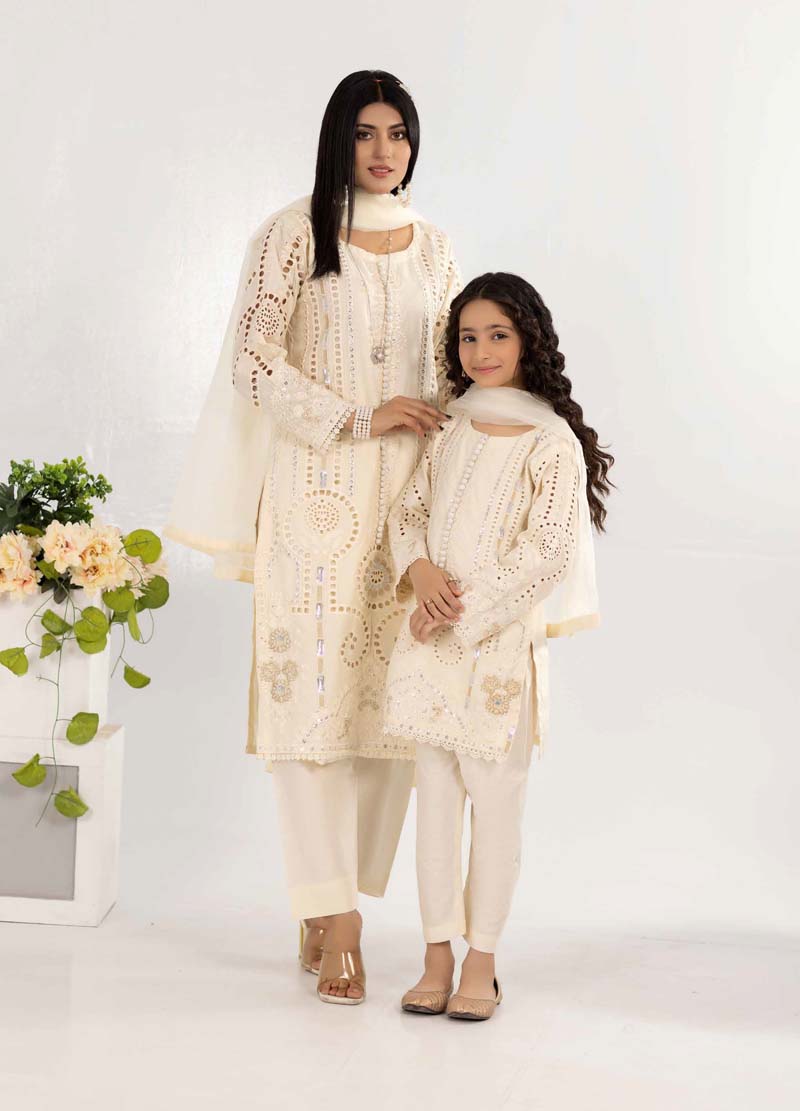 Desi Posh Ladies Cream Chikan Kari Mummy & Me Eid Outfit - Desi Posh