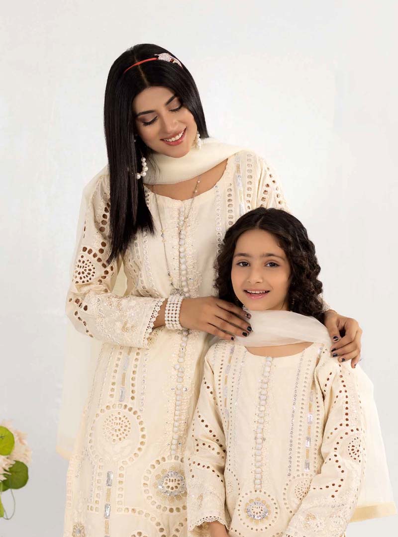 Desi Posh Girls Cream Chikan Kari Mummy & Me Eid Outfit - Desi Posh