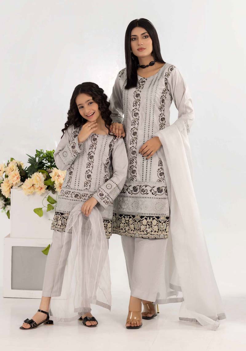 Desi Posh Girls Grey Mummy & Me Eid Outfit - Desi Posh