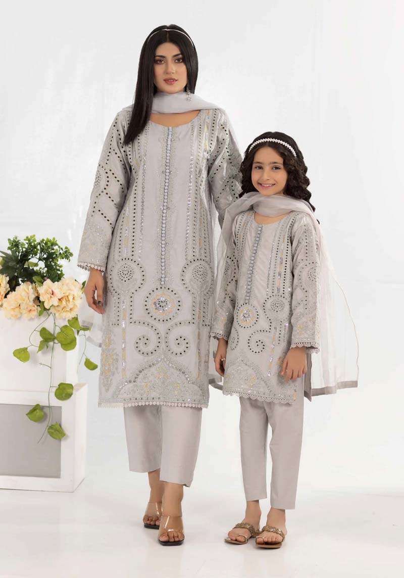 Desi Posh Girls Grey Chikan Kari Mummy & Me Eid Outfit - Desi Posh