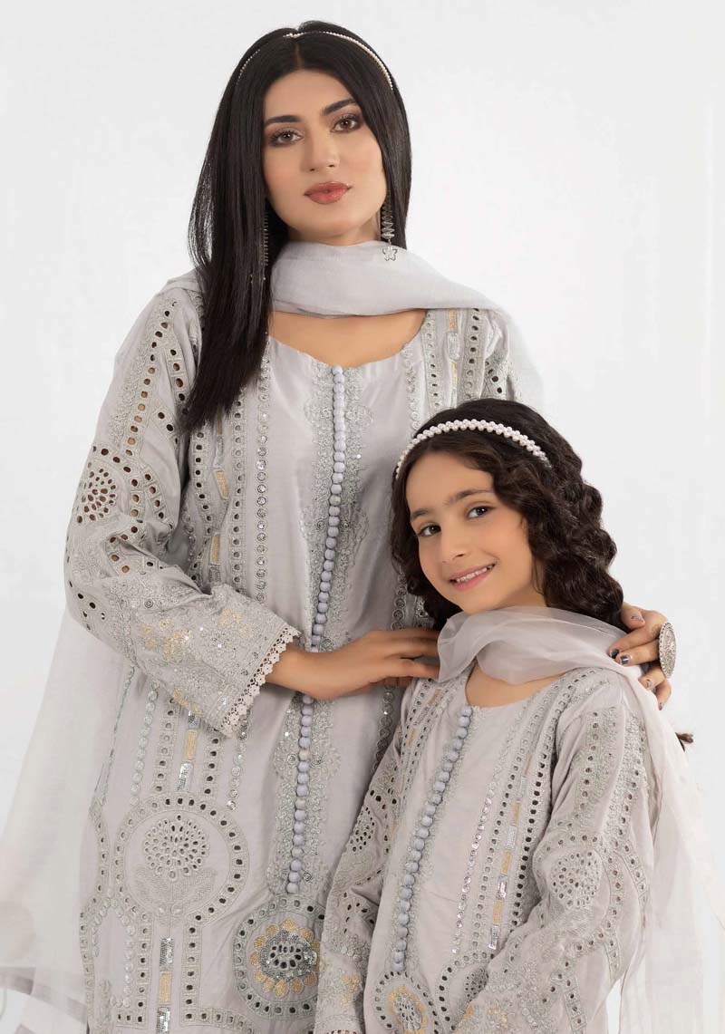 Desi Posh Girls Grey Chikan Kari Mummy & Me Eid Outfit - Desi Posh