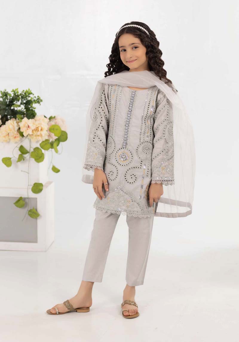 Desi Posh Girls Grey Chikan Kari Mummy & Me Eid Outfit - Desi Posh