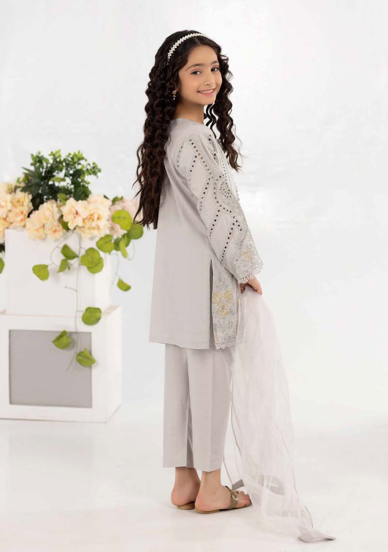 Desi Posh Girls Grey Chikan Kari Mummy & Me Eid Outfit - Desi Posh