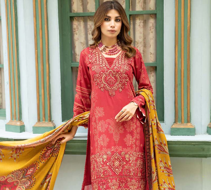 Munira Embroidered Dhanak Linen Outfit with Pashmina Shawl MSL3 - Desi Posh