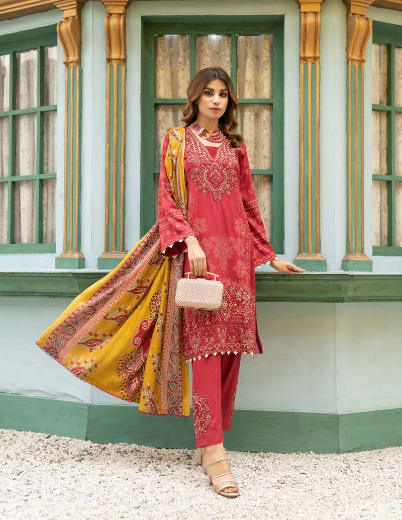 Munira Embroidered Dhanak Linen Outfit with Pashmina Shawl MSL3 - Desi Posh