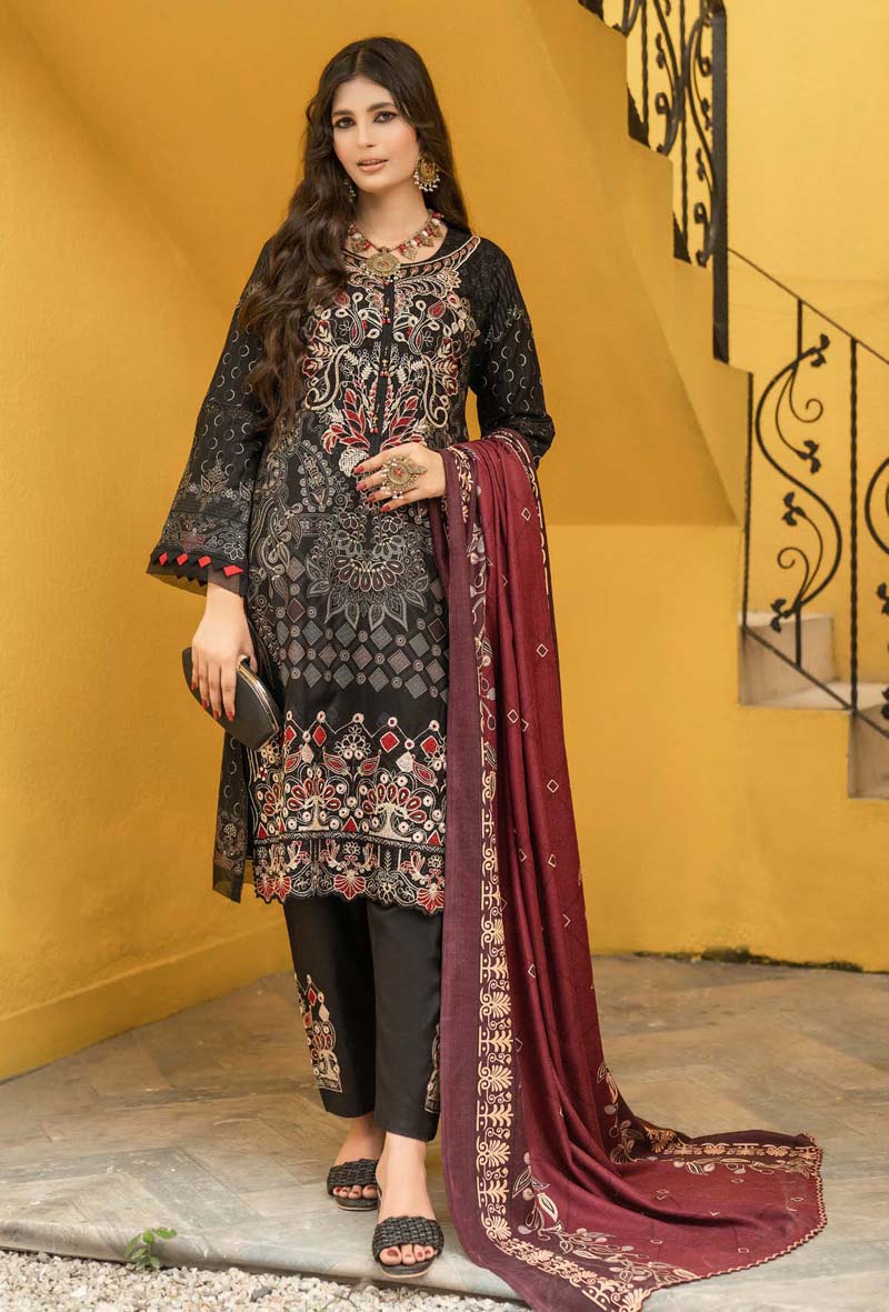 Munira Embroidered Dhanak Linen Outfit with Pashmina Shawl MSL4 - Desi Posh
