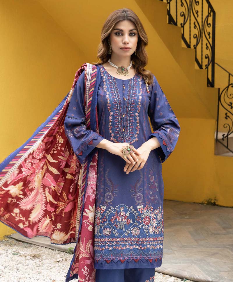 Munira Embroidered Dhanak Linen Outfit with Pashmina Shawl MSL5 - Desi Posh