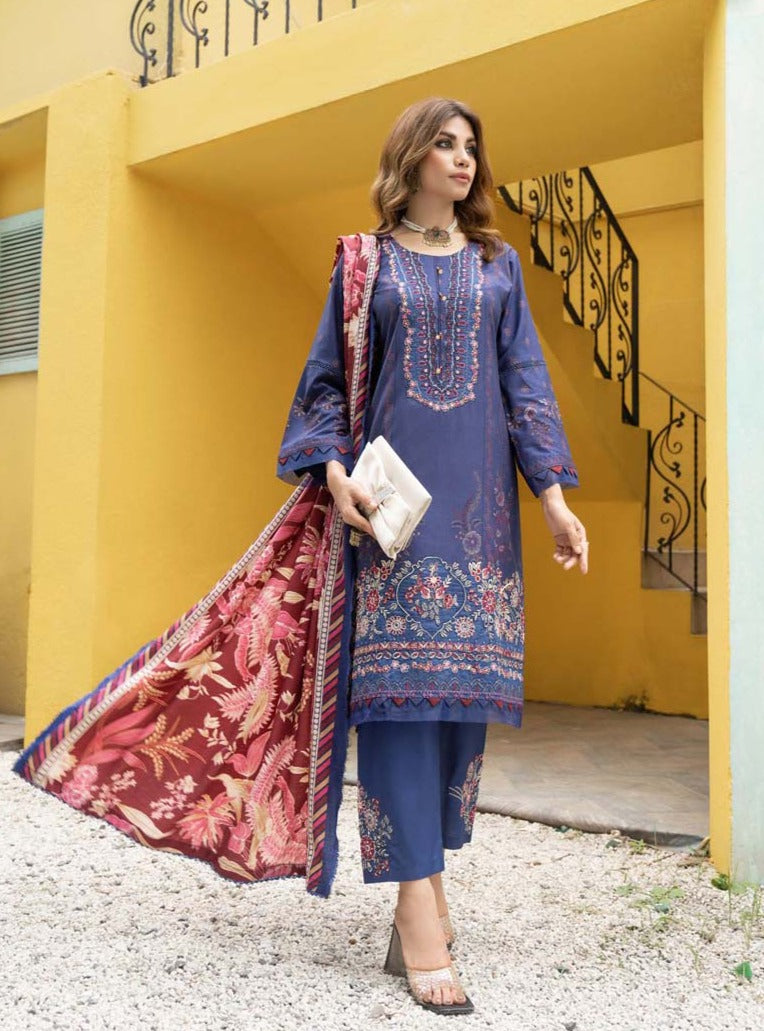 Munira Embroidered Dhanak Linen Outfit with Pashmina Shawl MSL5 - Desi Posh