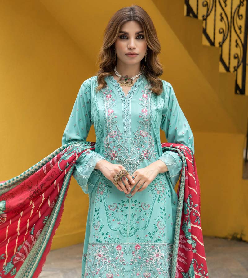 Munira Embroidered Dhanak Linen Outfit with Pashmina Shawl MSL6 - Desi Posh